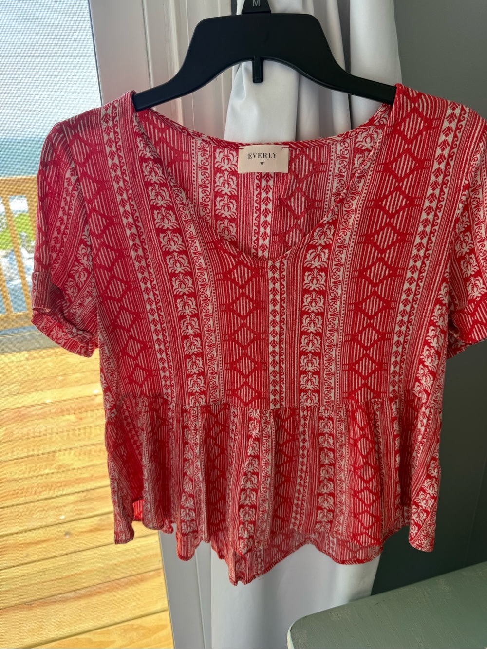 Everly Red and White Patterned Short Sleeve Peplum Blouse
